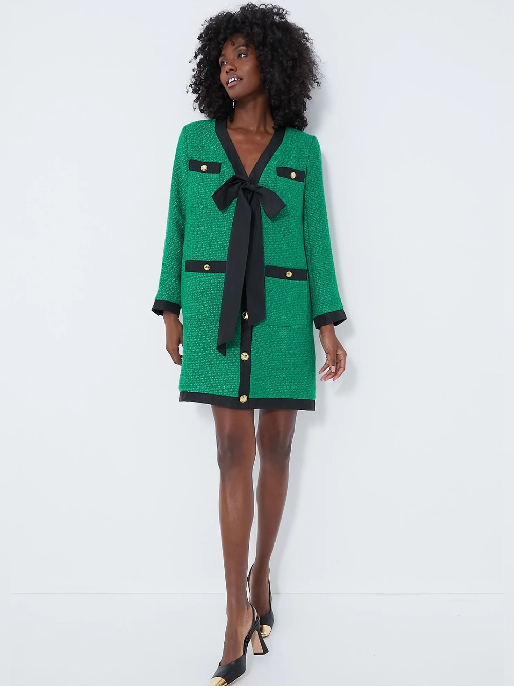 POMANDER PLACE COCO GREEN TWEED LONG SLEEVE BOW SHIFT DRESS
